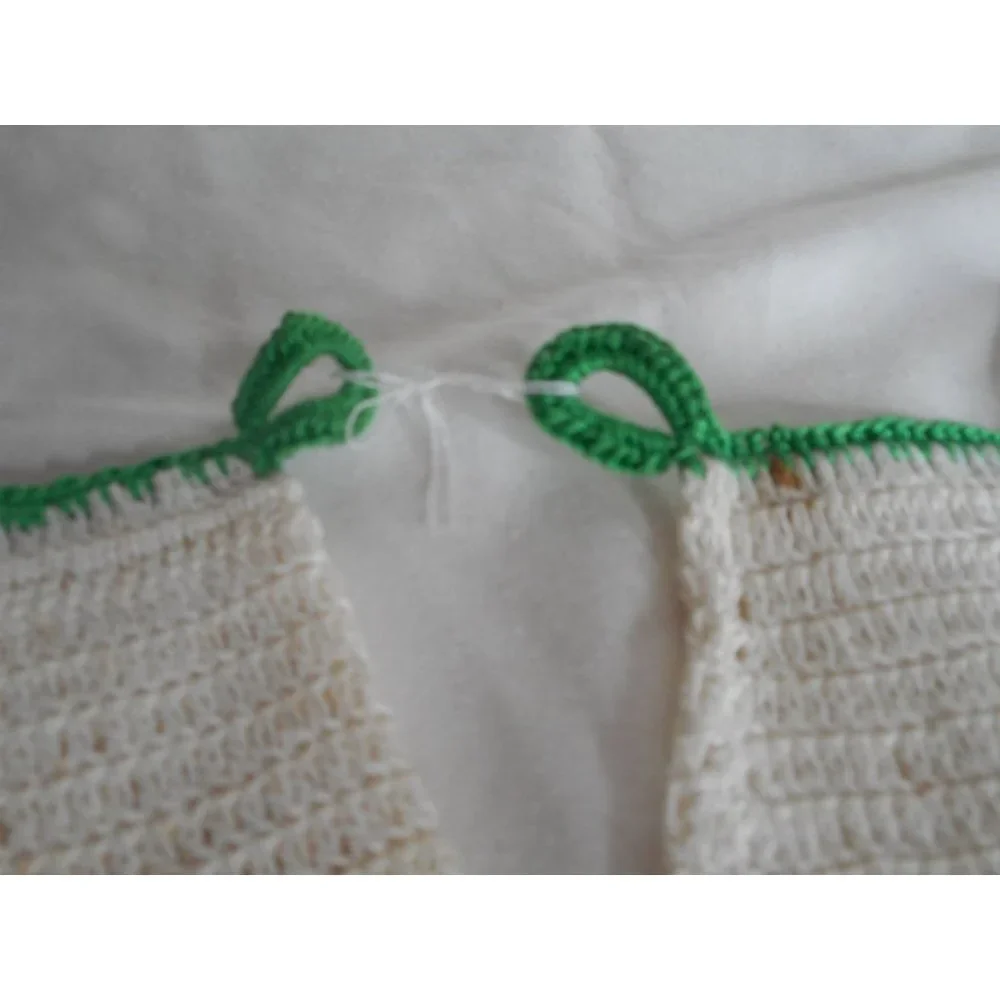 Lot 2 Vintage Hand Crocheted Pot Holder Trivet Cream Green Pants shorts hanging